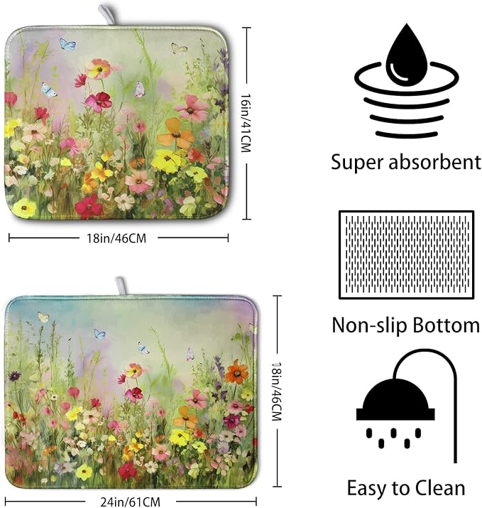 Spring Floral Dish Drying Mat for Kitchen Counter 18x24 Inch Sage Green Wild - Image 2