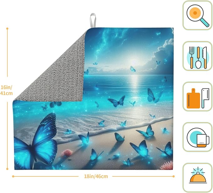 Blue Butterfly Beach Dish Drying Mat 16x18 Inch, Microfiber Absorbent Fast Dry - Image 2