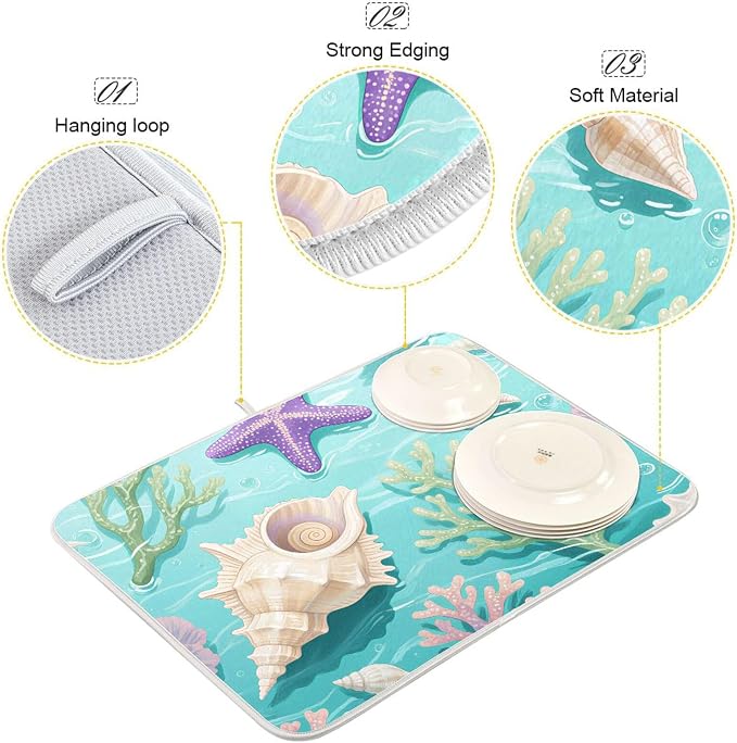 Coral Sea Shells Stars Pattern Dish Drying Mat - Image 4
