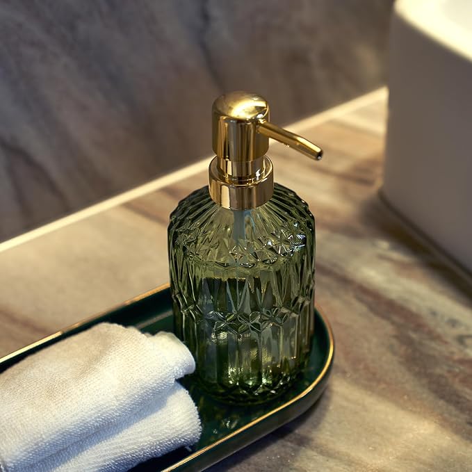 Glass Soap Dispenser Green Bottle Gold Plastic Pump Refillable Kitchen Sink - Image 5