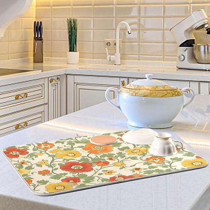 Retro Yellow Orange Flowers Dish Drying Mat - Image 6