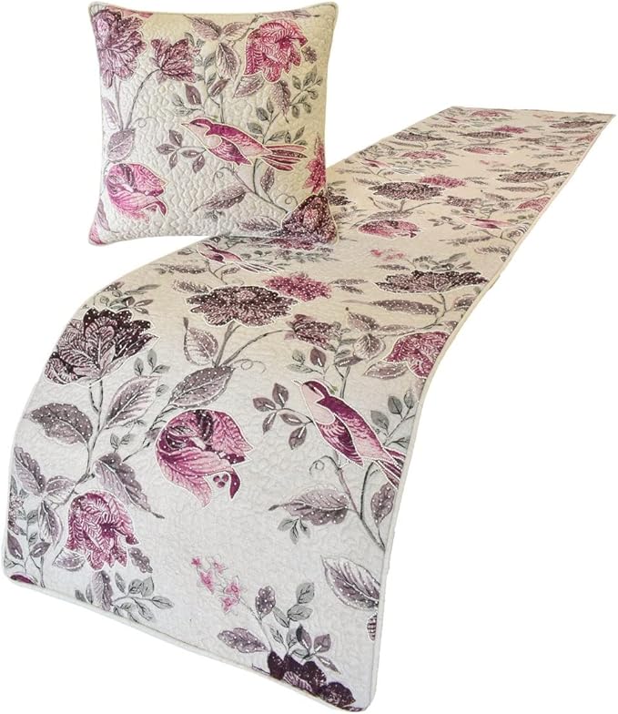 The HomeCentric King/Queen/Twin Pink Decorative King 90"x18" Bed Runner with Pillow Cover, Quilted, Printed & Pearl Embroidery Bed Scarf on Cotton Fabric - Vintage Birdie