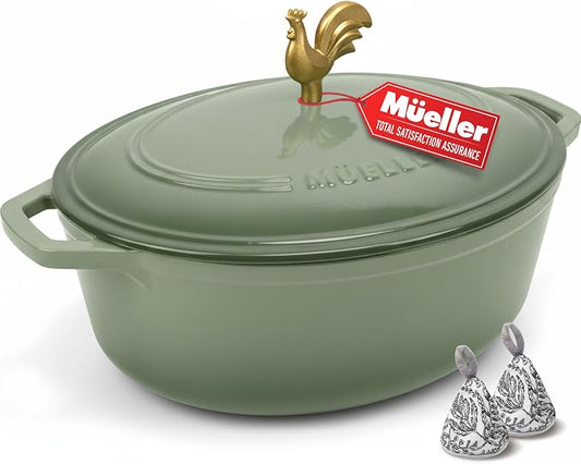 MUELLER HOME 5.5 Quart Enameled Cast Iron Oval Dutch Oven w Rooster Knob & by MUELLERHOME