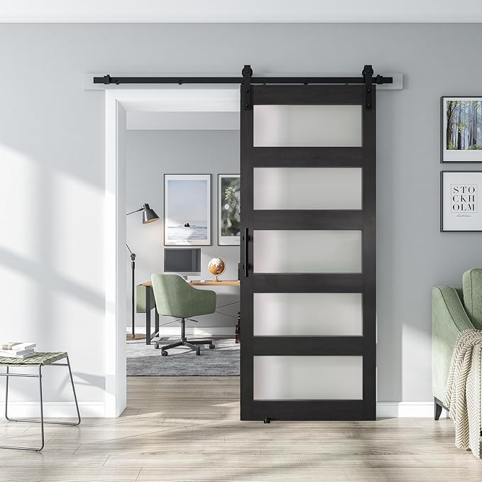 32'' x 84'' Glass Barn Door and 6 Ft Hardware Kit Included, MDF White Barn Door by ALAMEDADT