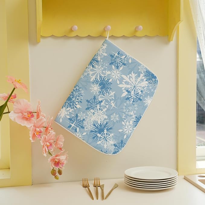 Christmas Dish Drying Mat 18x24 Inch Blue White Snowflake Winter Drying Mat - Image 5