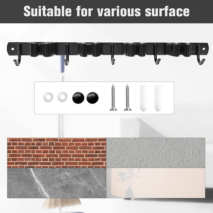 Mop and Broom Holder Wall Mount 4 Racks and 5 Hooks Broom Organizer Storage - Image 6