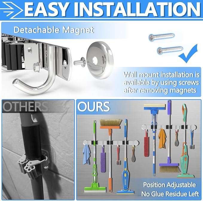 3-H Magnetic Broom Holder Wall Mount 1 Pack, 2-in-1 Dual Mount, 304 Stainless - Image 4