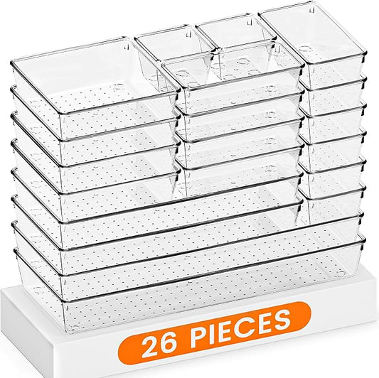 Criusia Drawer Organizer, 26 Pack Clear Plastic Drawer Organizer Bins, by Criusia