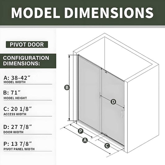 Pivot Glass Shower Door, 38-42" W x 71" H, 1/4" Clear SGCC Tempered Glass - Image 2