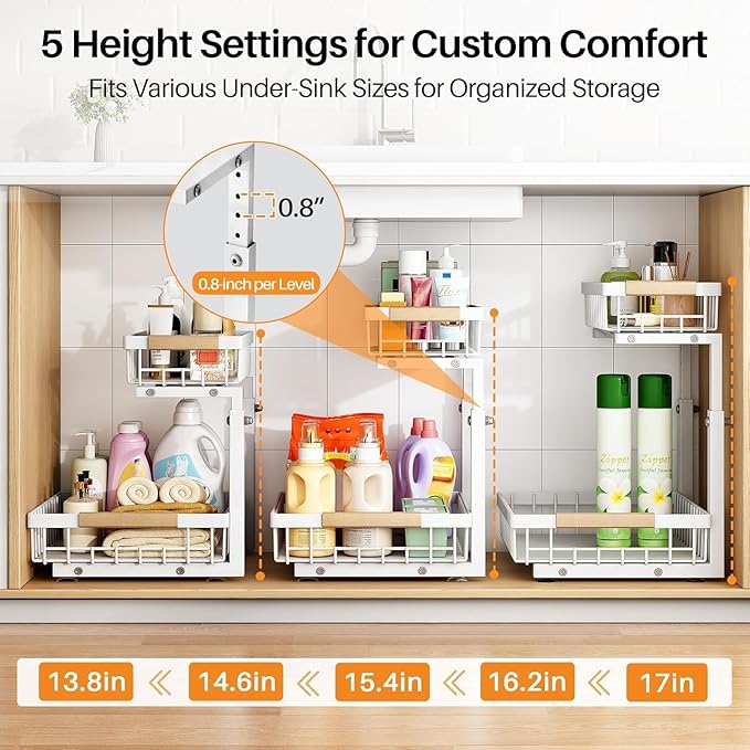 PXRACK Under Sink Organizer, Adjustable Height, 2 Tier Pull Out Under Cabinet - Image 3