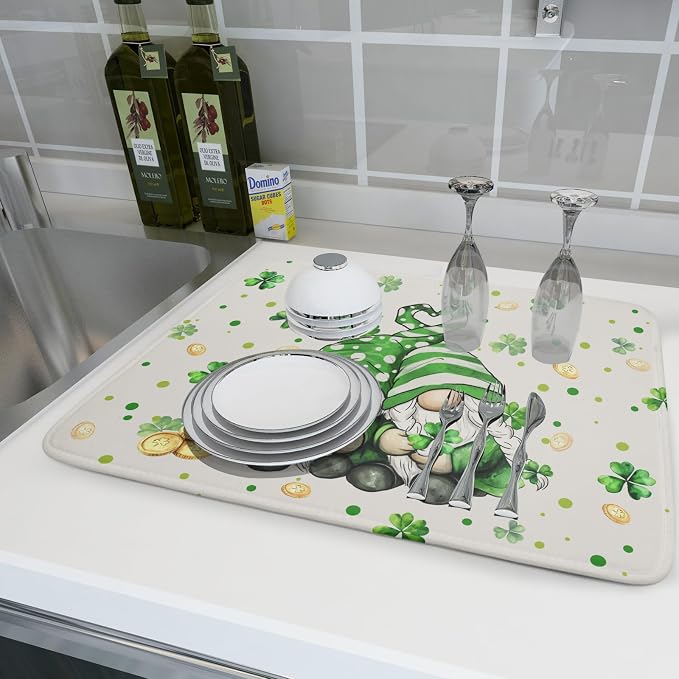 St Patrick's Day Gnome Dish Drying Mat 18x24 inch Lucky Shamrock Absorbent - Image 6