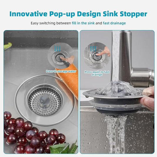 Hibbent 3 in 1 Kitchen Sink Drain Strainer, Stainless Steel Wrapped Shell Drain - Image 2