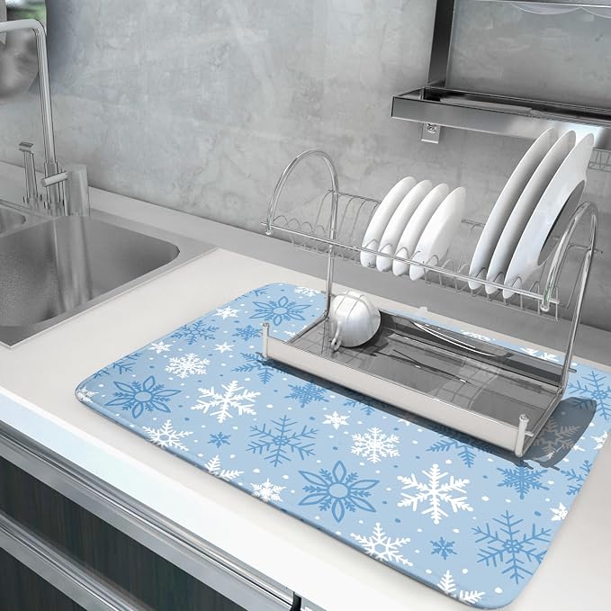 Winter Dish Drying Mat for Kitchen Counter 18x24 Blue White Snowflake Holiday - Image 5