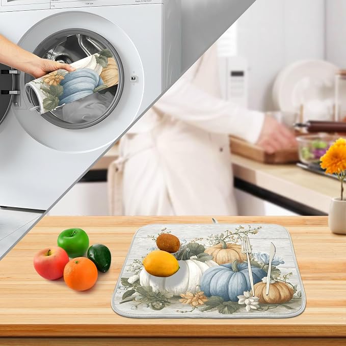 Fall Blue Orange Grey Pumpkin Thanksgiving Dish Drying Mat - Image 4