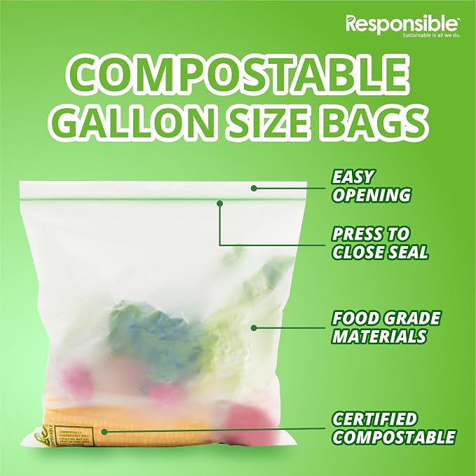 Certified Compostable Large GALLON Resealable Zip Bag, Extra Strength Food Bags - Image 3
