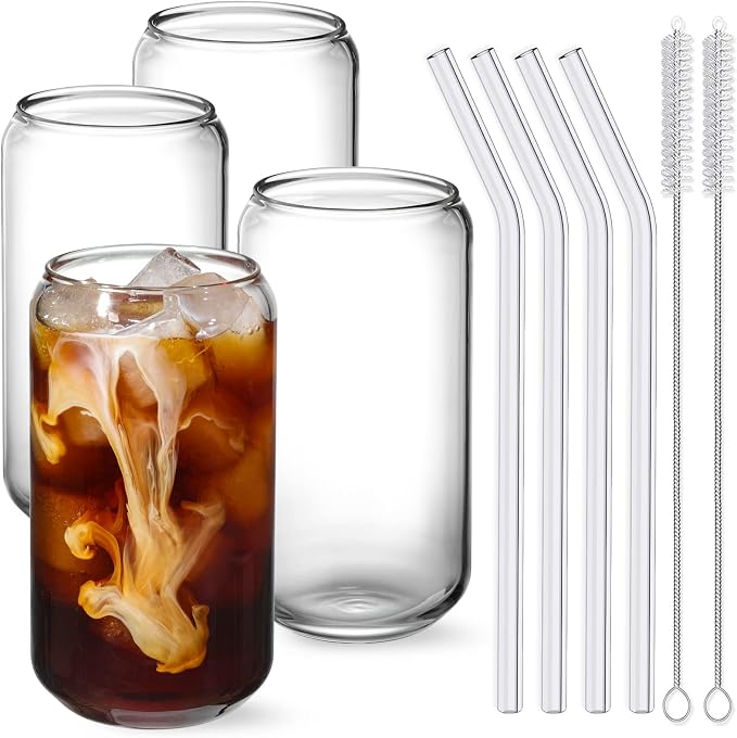 NETANY Drinking Glasses with Glass Straw 4pcs Set - 16oz Highball Glass Cups by NETANY