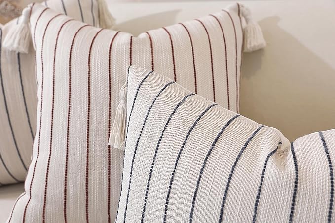 Boho Throw Pillow Covers 20x20 Inch Set of 2, Wine Red Textured Linen Striped Square Pillow Covers with Tassels, Soft & Cozy Farmhouse Décor Pillow Cases for Sofa Couch Bed Living Room Thanksgiving