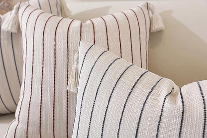 Boho Throw Pillow Covers 20x20 Inch Set of 2, Wine Red Textured Linen Striped Square Pillow Covers with Tassels, Soft & Cozy Farmhouse Décor Pillow Cases for Sofa Couch Bed Living Room Thanksgiving