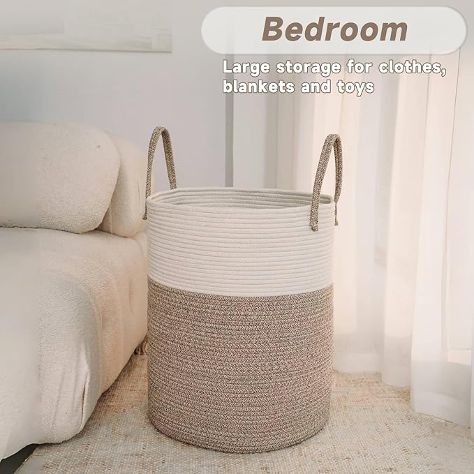Large Woven Laundry Basket Hamper, 100L Cotton Rope Storage Bin - Image 4