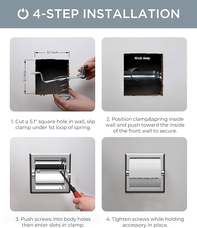 FORIOUS Recessed Toilet Paper Holder, Stainless Steel Durable Tissue Roll - Image 8