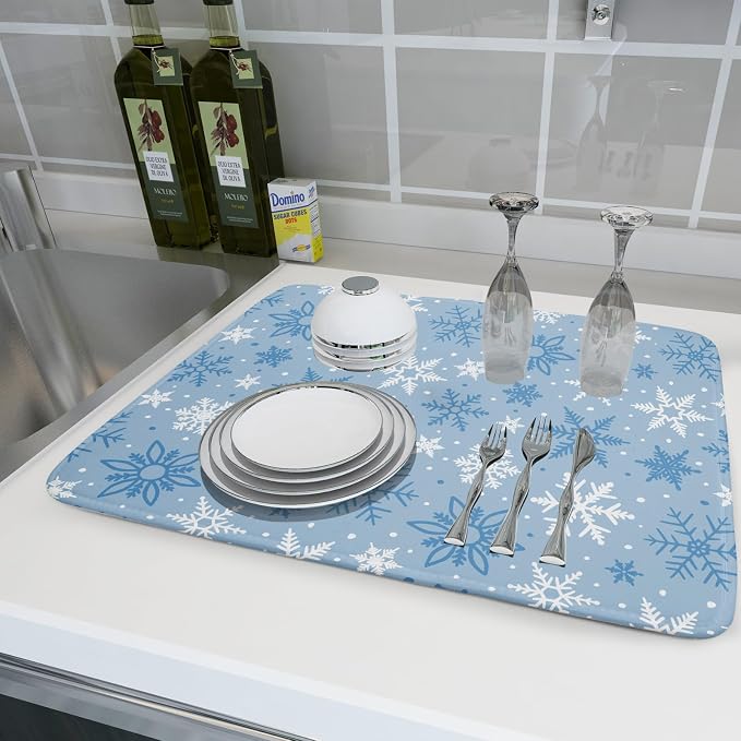 Winter Dish Drying Mat for Kitchen Counter 18x24 Blue White Snowflake Holiday - Image 6