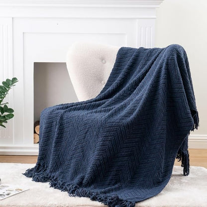 BATTILO HOME Navy Blue Throw Blanket for Couch, Super Soft Cozy Warm Dark Blue Throws for Twin Bed, Knit Woven Chenille Blanket Versatile for Sofa Bedroom Home Decor, 60"x80"