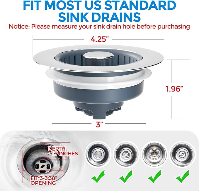 zaa 2 Pack Sink Drain Strainer, Sink Stopper, 3 in 1 Stainless Steel Kitchen - Image 7