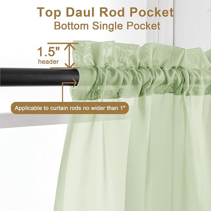 Chyhomenyc Light Green Sheer Curtains 63 Inches Long 2 Panels Set- Light - Image 6