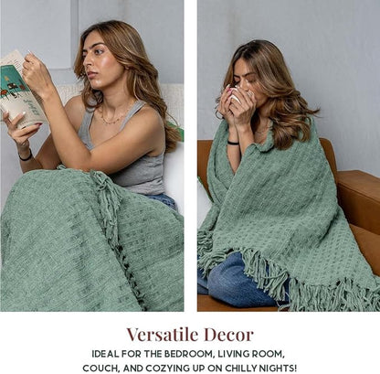 Folkulture Christmas Throw Blanket | (60 x 50) Boho Chunky Knit Blanket for Bed, Couch |Chenille White Thick, Ultra Soft, Plush, Lightweight, Throw Blanket for Sofa with Machine Wash | Sage Dream