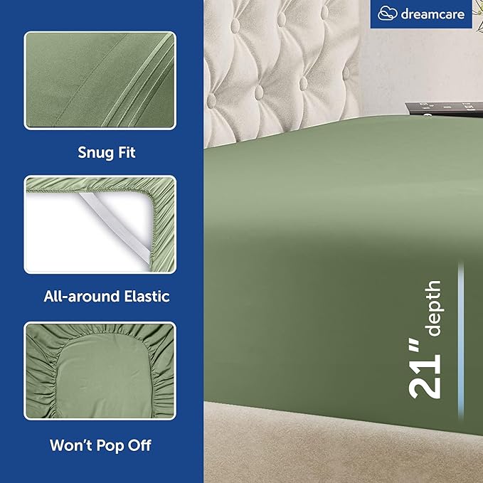 DREAMCARE Queen Sheet Set – 4 pcs Cooling Sheets – up to 21” Extra Deep Pocket Queen Sheets – Hotel Luxury Pillowcases – Superior Softness 100% Microfiber with Side Pocket - Sage Green