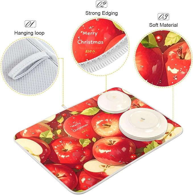 Red Apples Dish Drying Mat for Kitchen Counter Absorbent Microfiber Drying Pad - Image 4
