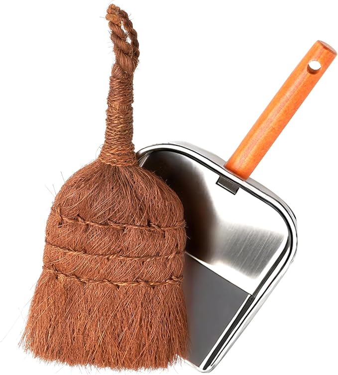 Mini Dustpan and Brush Set, Palm Fiber Handheld Small Broom and Metal Dustpan - Image 7