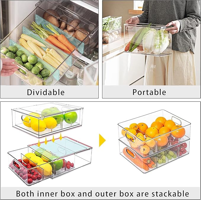 MineSign 2Pack Stackable Fridge Drawers Pull-Out Bins Divided Produce Saver - Image 4