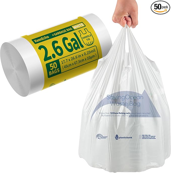 Small Trash Bags with Handles 2.6 Gallon 50 Count White by KeenEcho