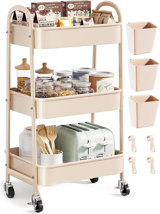 Beige 3 Tier Rolling Cart Metal on Wheels, Three Tiered Storage Organizer by Unknown