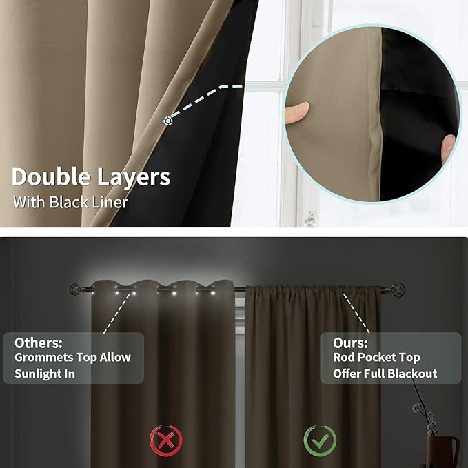 BGment 100% Blackout Curtains for Bedroom 84 Inch Length 2 Panels, Thermal Insulated Room Darkening Curtains Rod Pocket Soundproof Bedroom Living Room Window Curtains, Sand, Each 52 Inch Wide