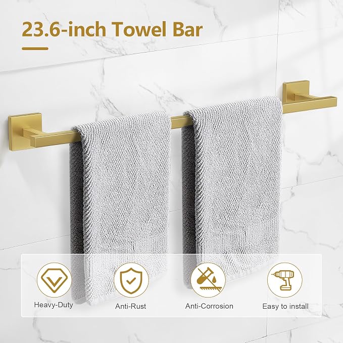 TQKAG 5-Pieces Brushed Gold Bathroom Hardware Accessories Set 23.6" SUS304 - Image 2