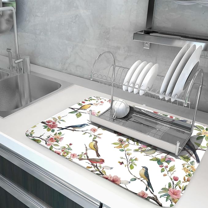 Spring Dish Drying Mat for Kitchen Counter Cute Birds Summer Holiday Microfiber - Image 5