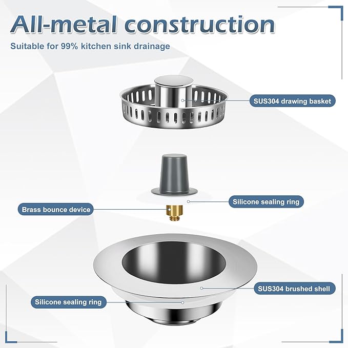 3 in 1 Kitchen Sink Drain Strainer ，304 Stainless Steel Kitchen Sink Stopper - Image 4