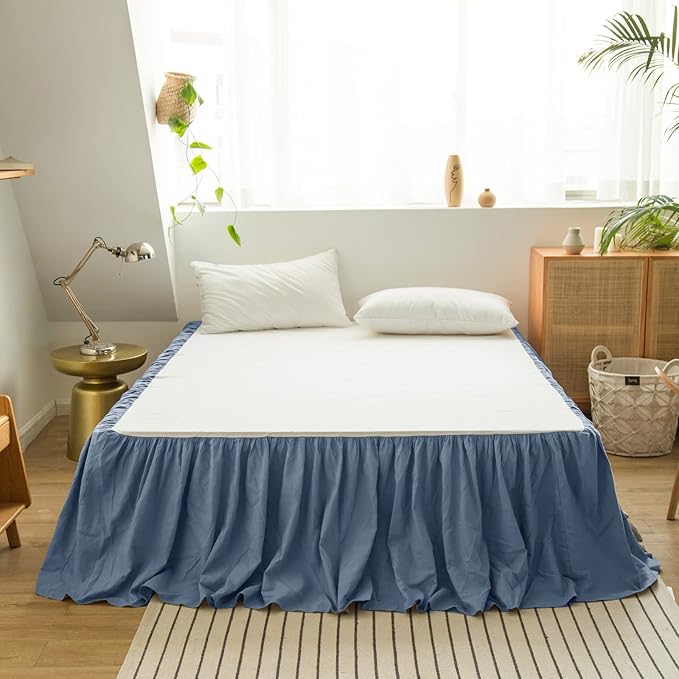 BISELINA French Linen Bed Skirt with Pleated Frills 22-Inch Tailored Drop Natural Flax Cotton Blend Dust Ruffle Soft Cozy Farmhouse Bedding (22" King, Navy Blue)
