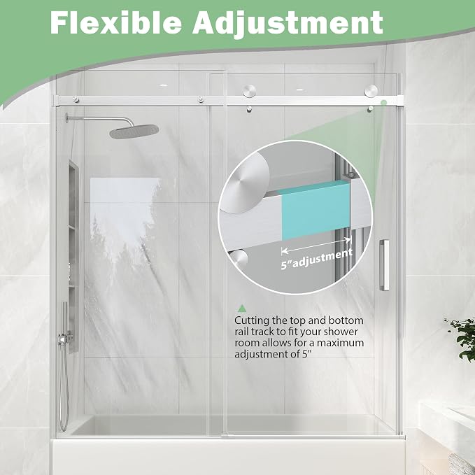 KPUY Frameless Sliding Bathtub Door, 55-60" W x 60" H Tub Shower Door, 1/4" - Image 6