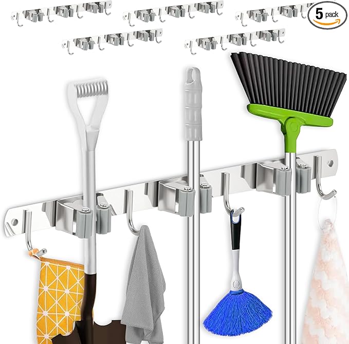 5 Pack Broom Holder Wall Mount 3 Racks 4 Hooks Stainless Steel Broom Mop Holder by TKSDWBLTY