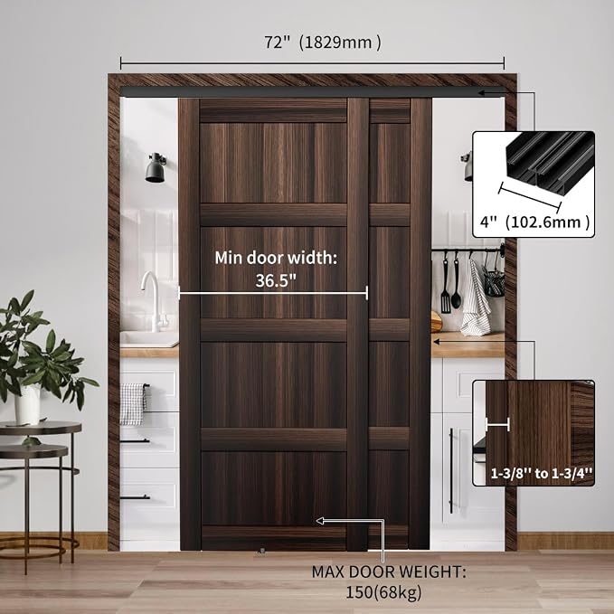 Heavy Duty Bypass Sliding Closet Door Track Hardware 72", 6 FT Aluminium Pocket - Image 3