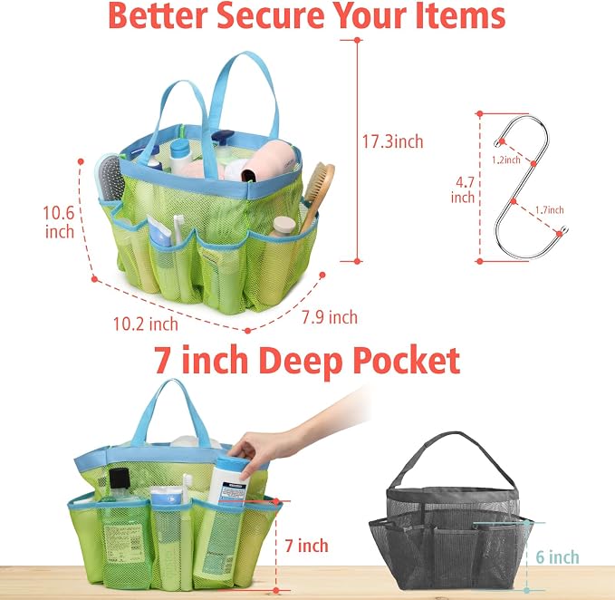 F-color Mesh Shower Caddy Portable, Upgrade Deeper 7 Pockets Shower Bag Basket - Image 5