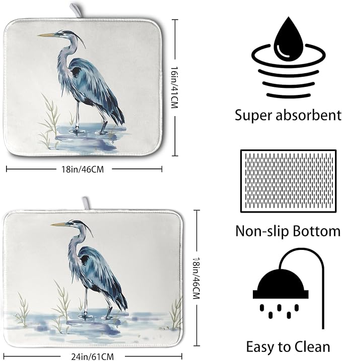 Summer Dish Drying Mat Blue White Heron Beach Absorbent Microfiber Drying Mats - Image 2