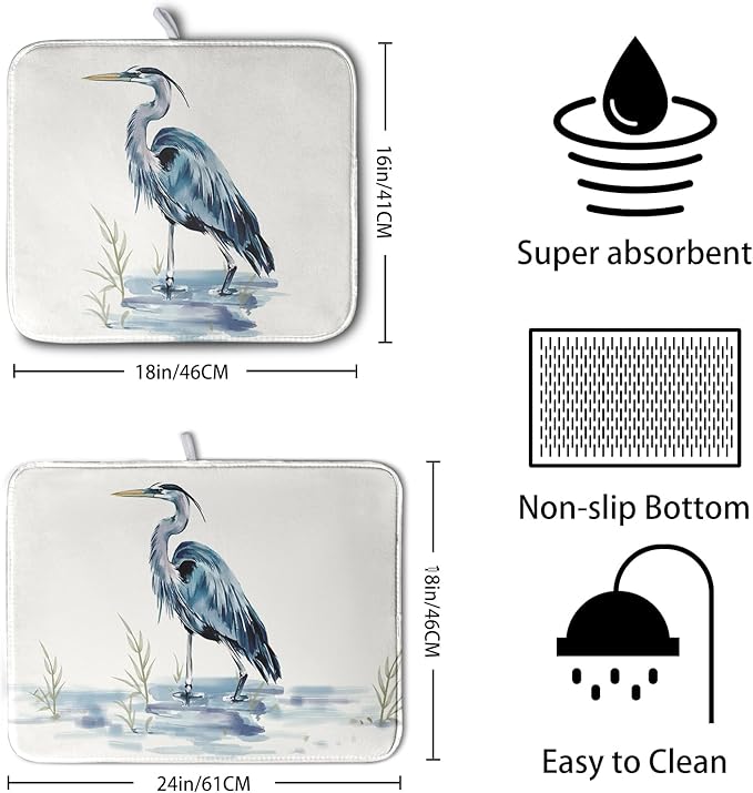 Summer Dish Drying Mat Blue White Heron Beach Absorbent Microfiber Drying Mats - Image 2