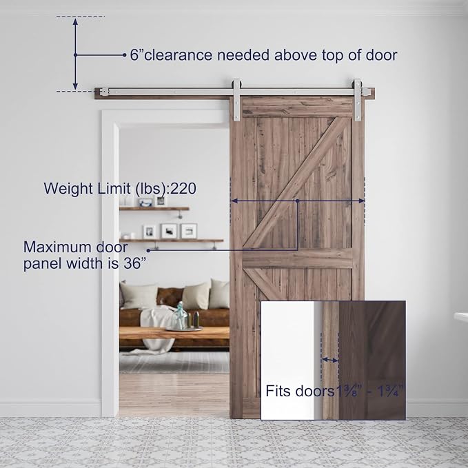 SMARTSTANDARD 6 Feet Brushed Nickel Barn Door Hardware Kit-Heavy Duty Sliding - Image 6