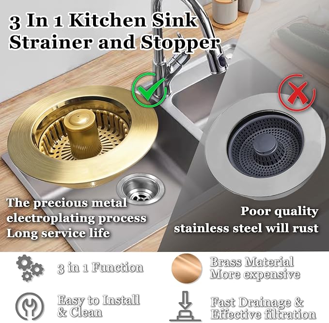 Kitchen Sink Drain Strainer, 3 in 1 Pop up Kitchen Sink Stopper, - Image 4