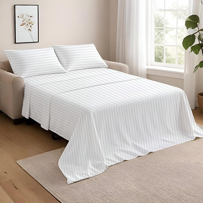 NON Sticky cotton Twin Size Sleeper Sofa Sheets, 4 Piece Egyptian Cotton Bed Sheet Set for Sofa Bed, 6" Deep Pocket Fitted Sheet for Pull Out Couch Mattress, 39" x 75", White Stripe, Soft & Breathable