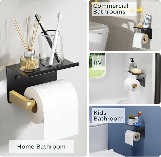 Toilet Paper Holder with Shelf, Adhesive or Screw Wall Mount Toilet Paper Roll - Image 7